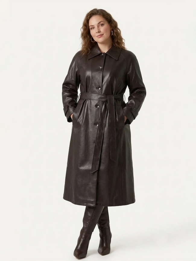 Faux-Leather Belted Mid-Calf Trench Coat