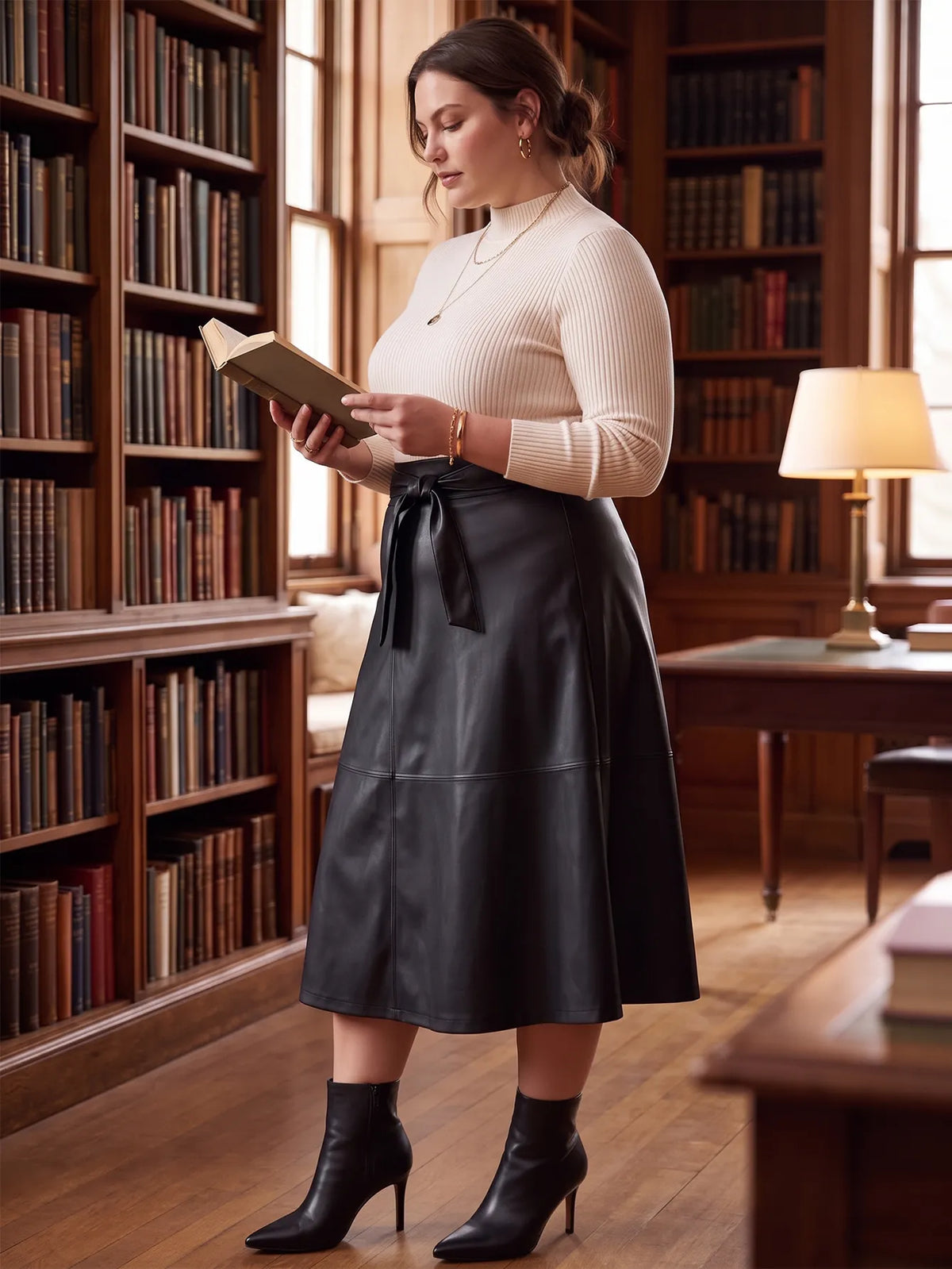 Faux-Leather A-Line Midi Skirt With Tie-Belt
