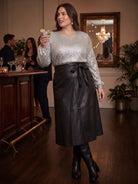 Faux-Leather A-Line Midi Skirt With Tie-Belt