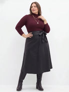 Faux-Leather A-Line Midi Skirt With Tie-Belt