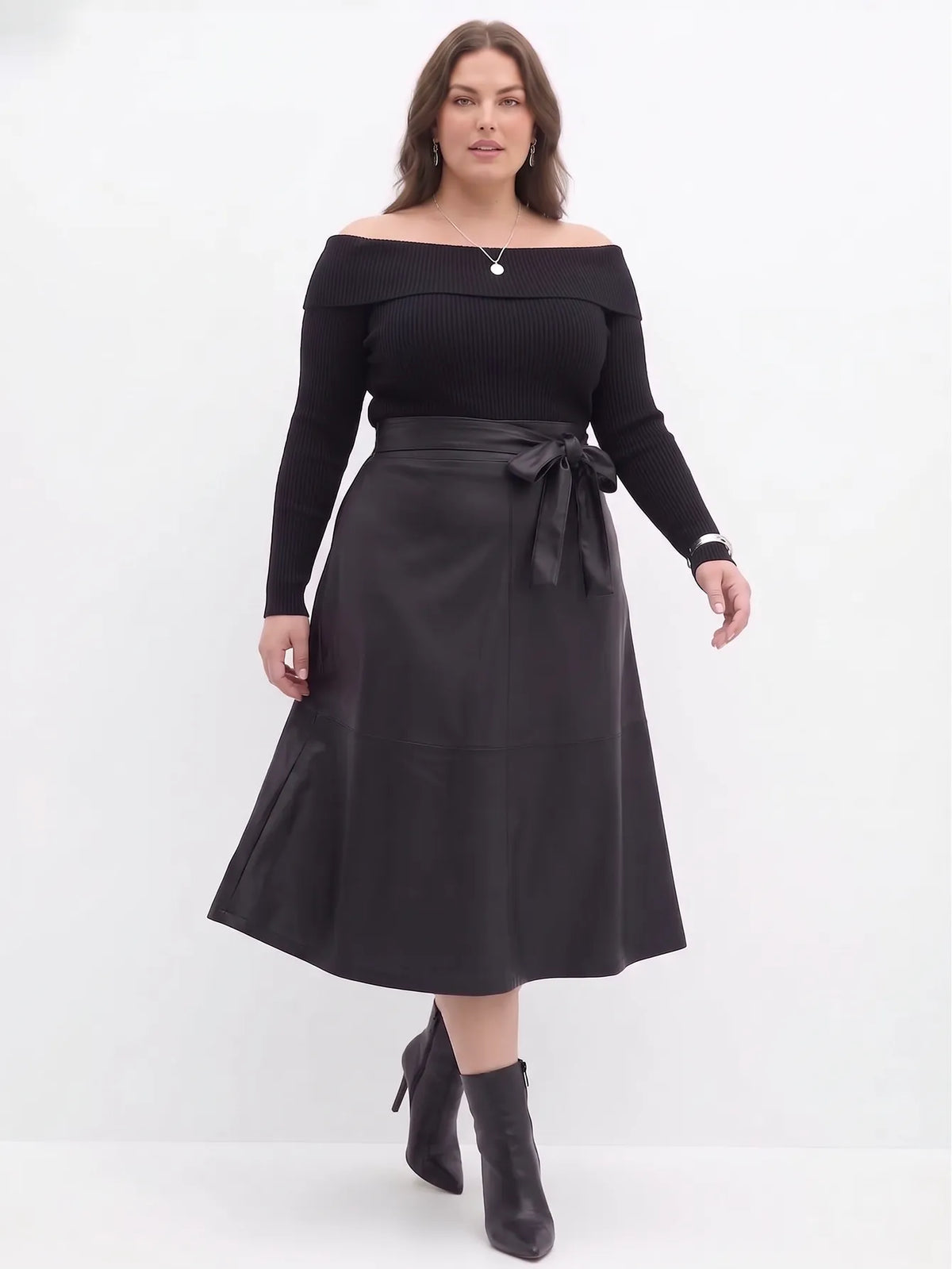 Faux-Leather A-Line Midi Skirt With Tie-Belt
