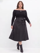 Faux-Leather A-Line Midi Skirt With Tie-Belt