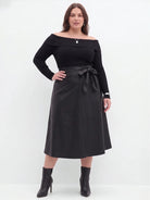 Faux-Leather A-Line Midi Skirt With Tie-Belt
