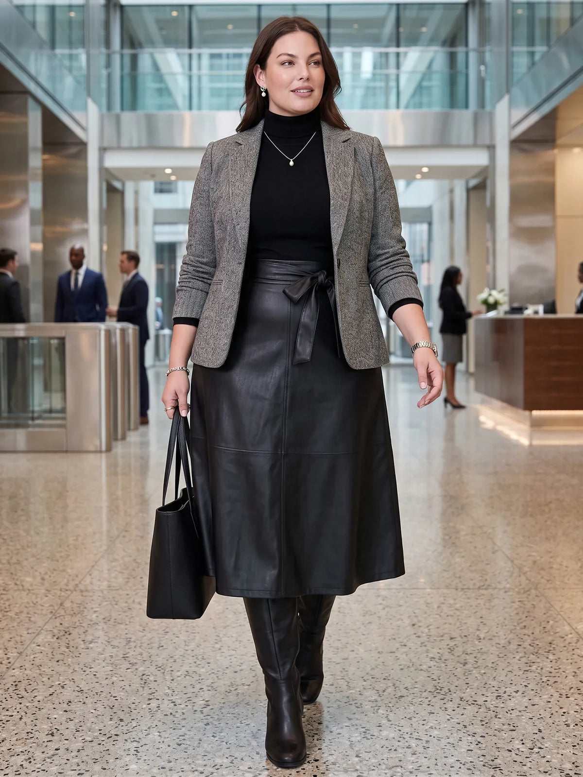 Faux-Leather A-Line Midi Skirt With Tie-Belt