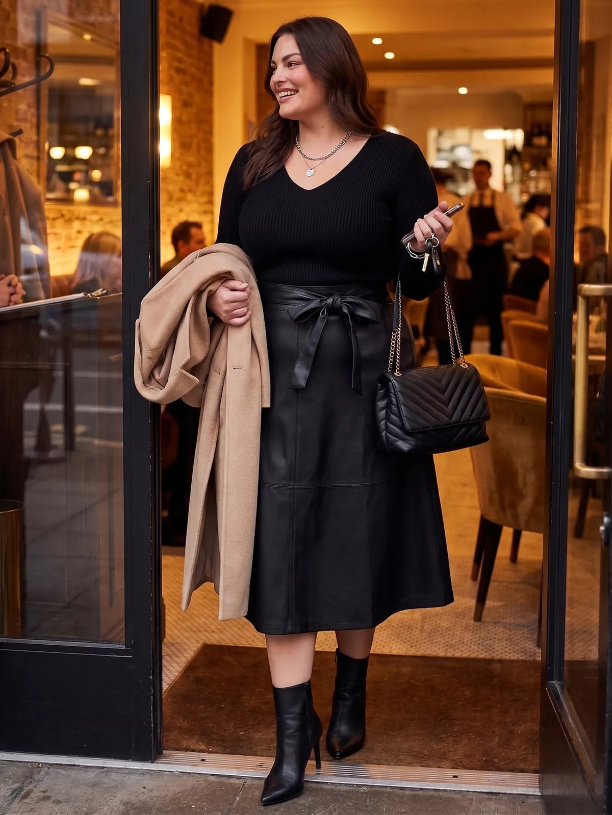 Faux-Leather A-Line Midi Skirt With Tie-Belt