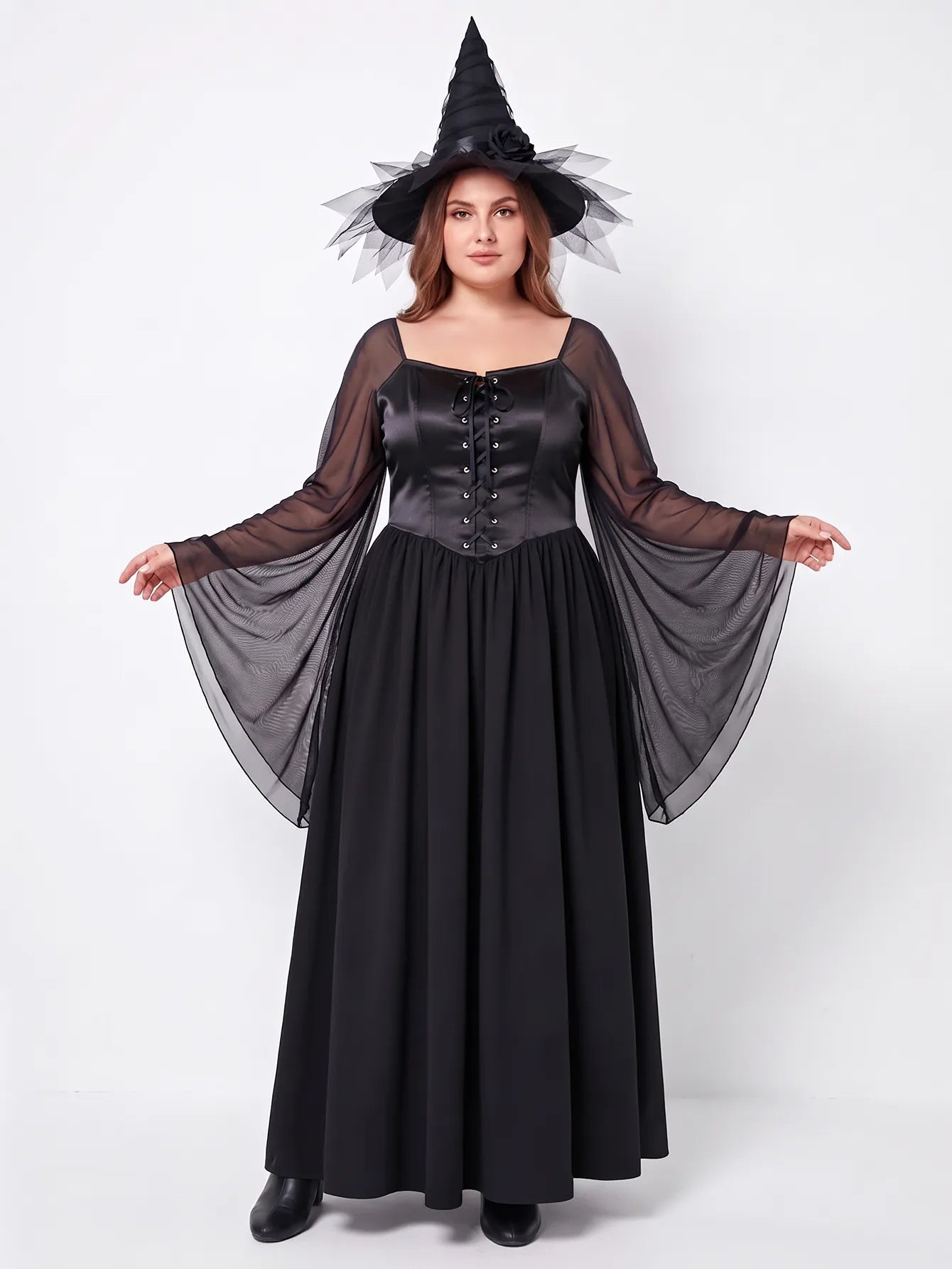 Halloween Satin Lace-Up Corset Maxi Dress with Bell Sleeves