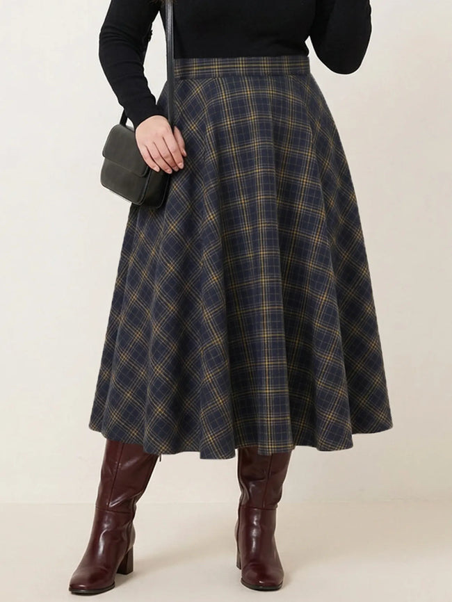 High-Waisted Plaid A-Line Midi Skirt with Pockets
