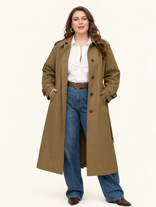 Twill Long Trench Coat with Belt and Pockets