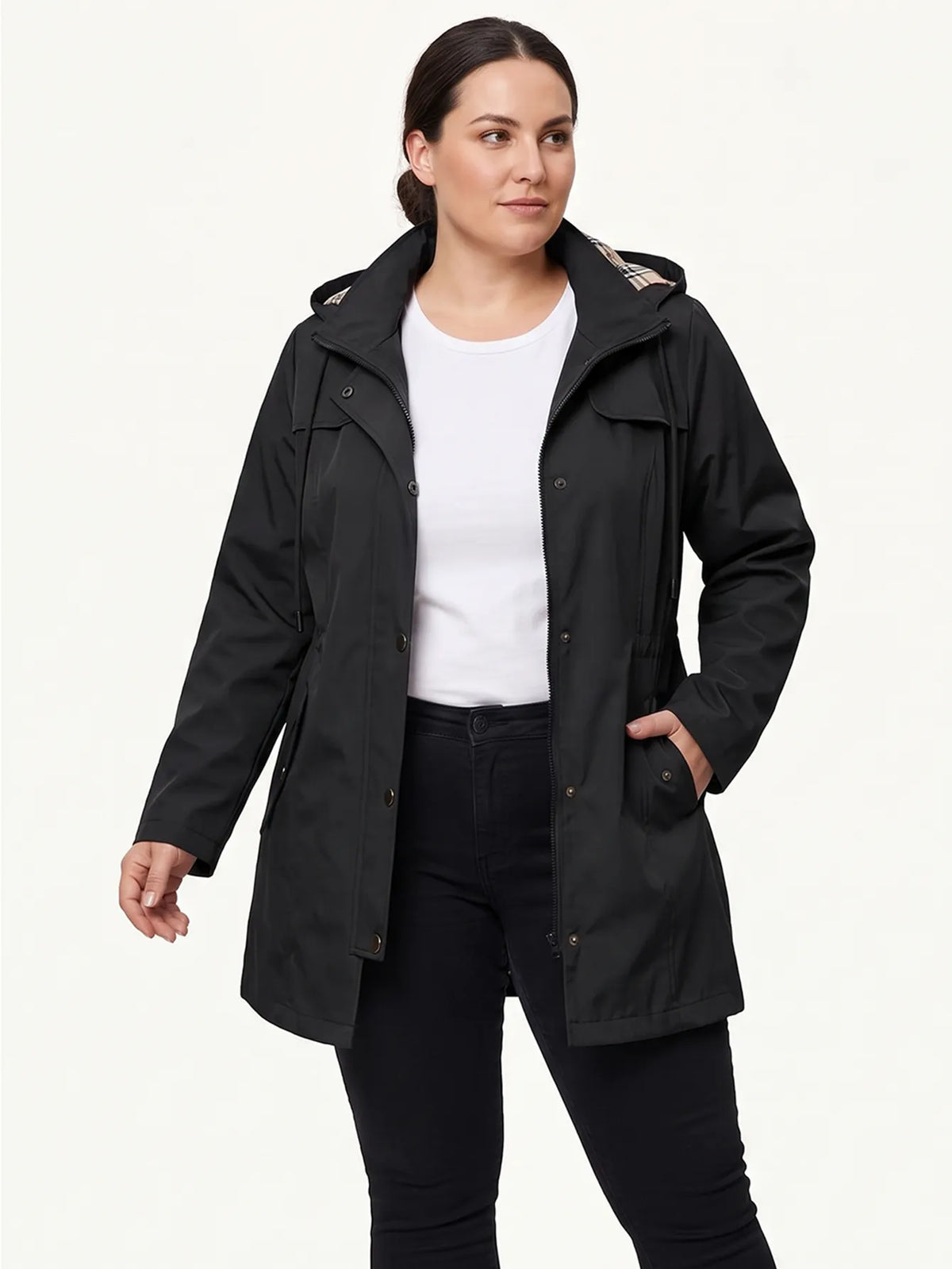 Lightly Water-Repellent Hooded Jacket With Plaid Lining - Black / 44/0XL