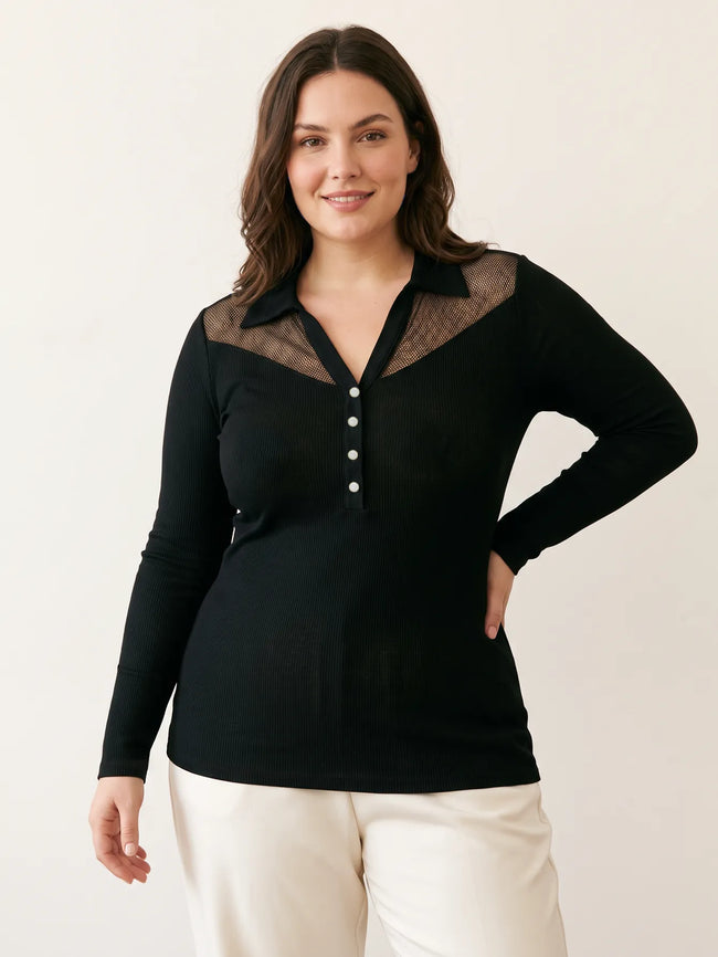 Mesh-Paneled Collared Knit Top