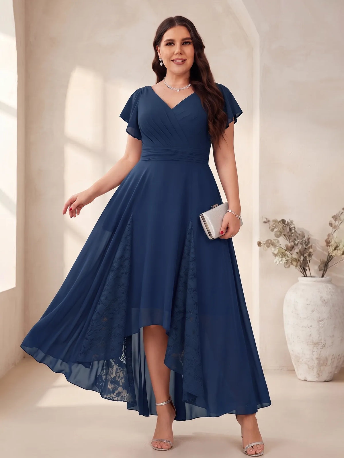 V-neck Pockets Chiffon Lace Insert High-low Dress