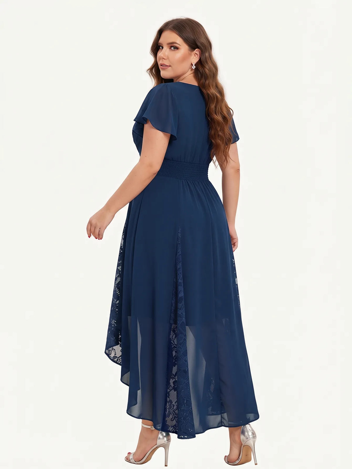 V-neck Pockets Chiffon Lace Insert High-low Dress