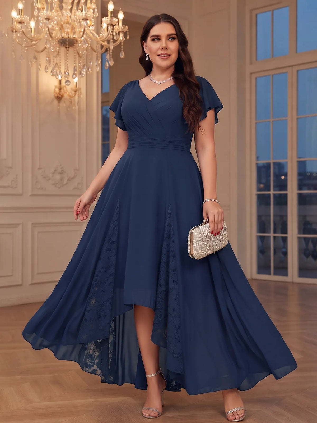V-neck Pockets Chiffon Lace Insert High-low Dress