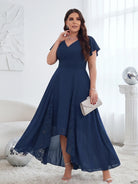 V-neck Pockets Chiffon Lace Insert High-low Dress