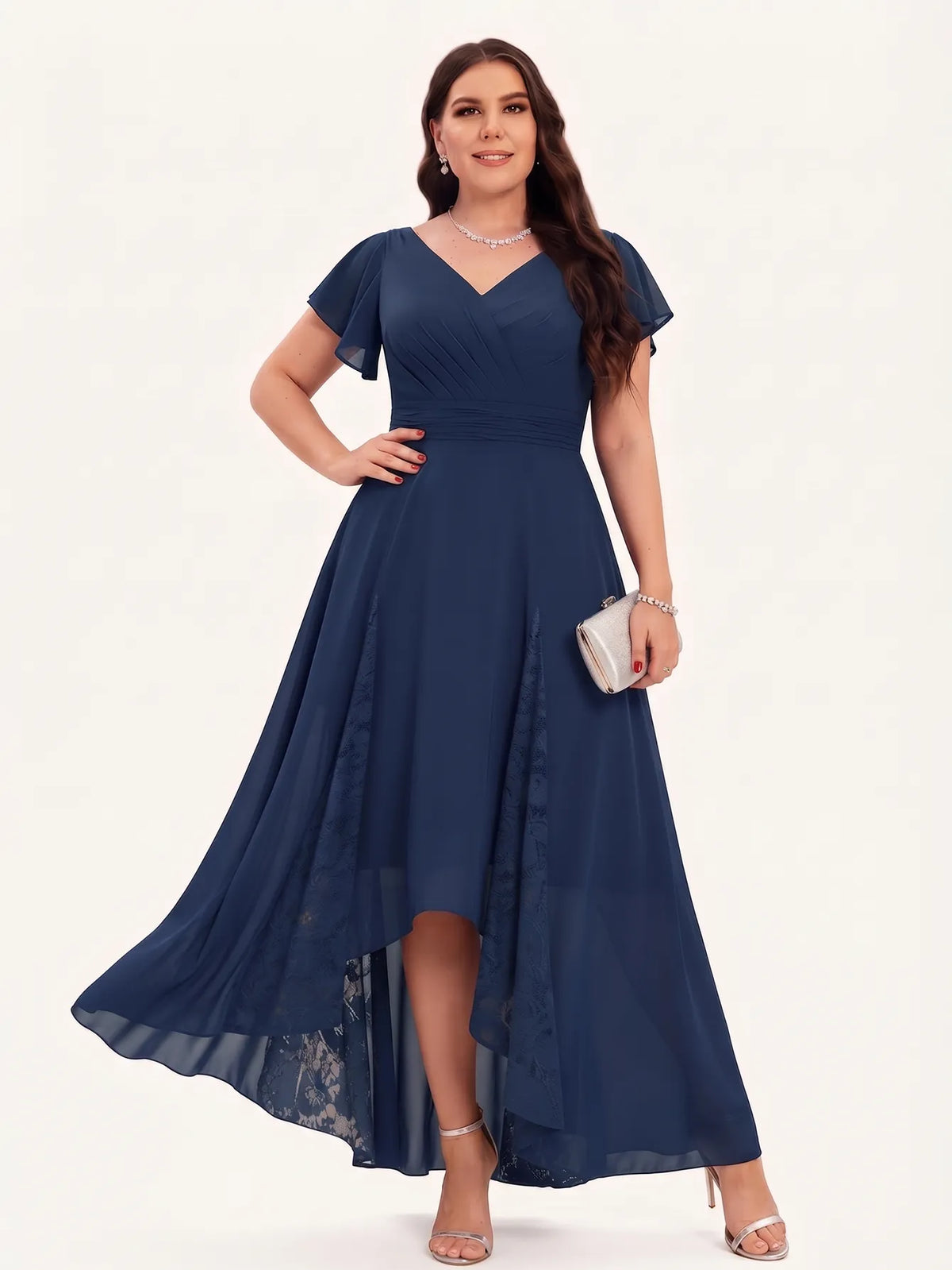 V-neck Pockets Chiffon Lace Insert High-low Dress