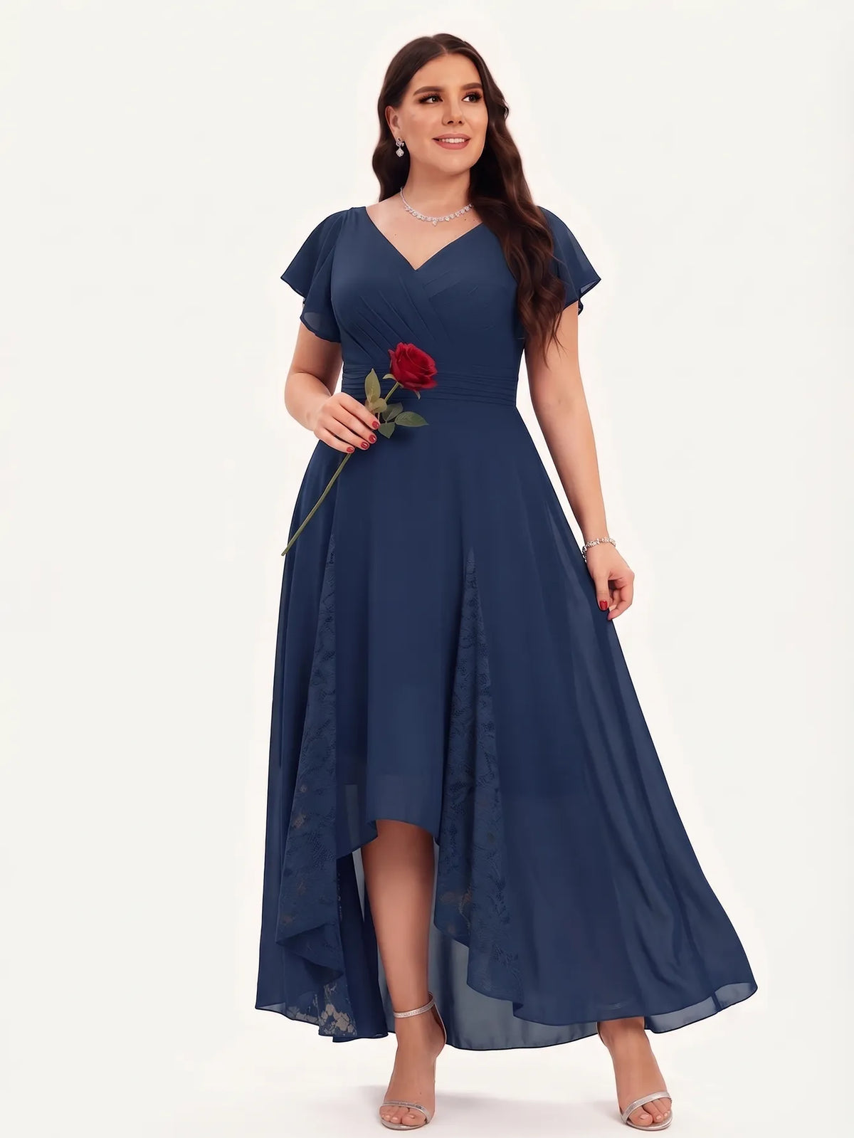 V-neck Pockets Chiffon Lace Insert High-low Dress