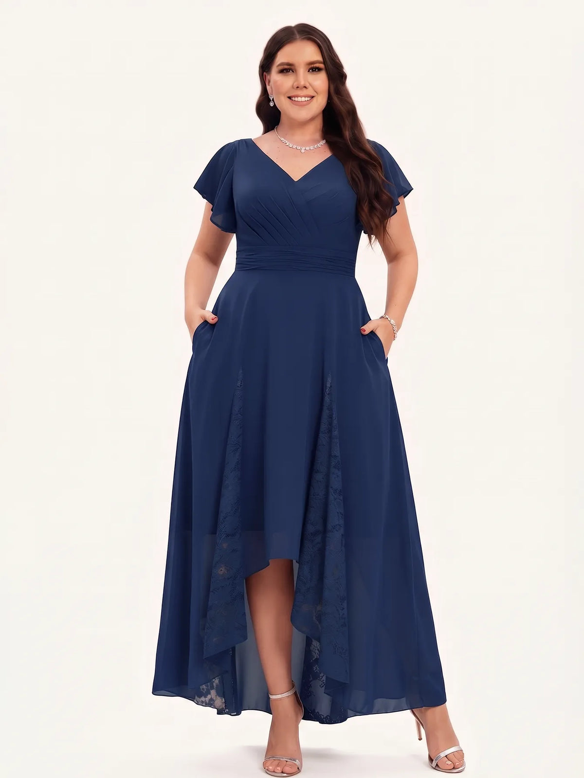 V-neck Pockets Chiffon Lace Insert High-low Dress