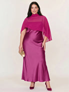 Satin Maxi Dress With Sheer Chiffon Capelet Overlay