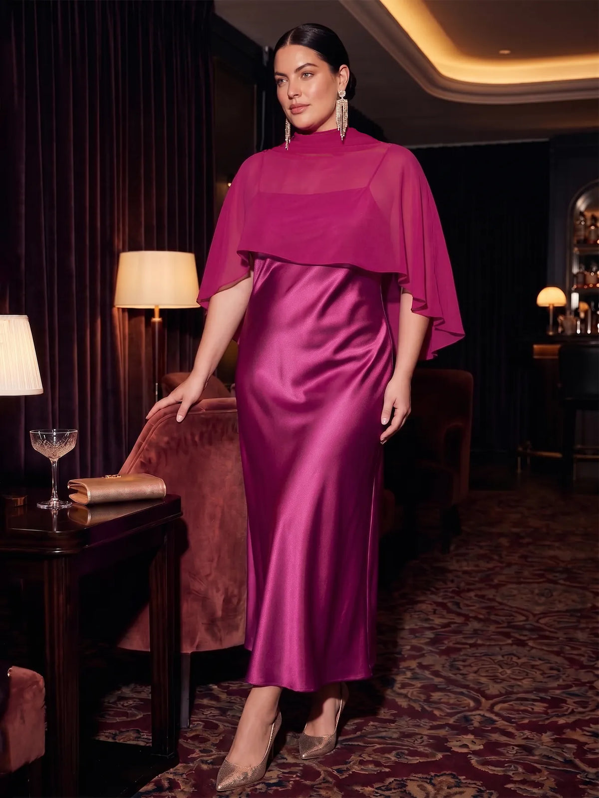 Satin Maxi Dress With Sheer Chiffon Capelet Overlay