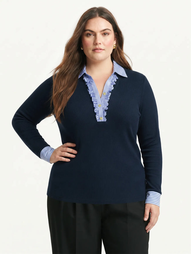 Fold-Over Collar Knit Top with Striped Lettuce-Edge Trim
