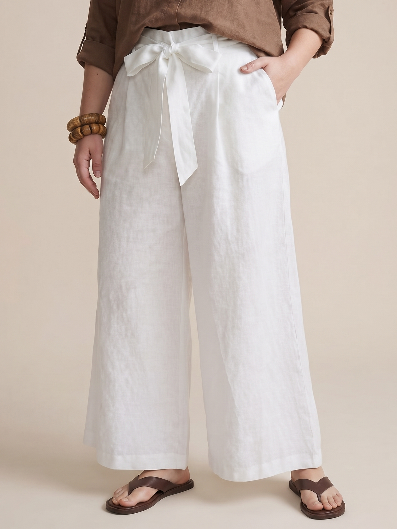 Linen-Blend Belted Wide-Leg Trousers