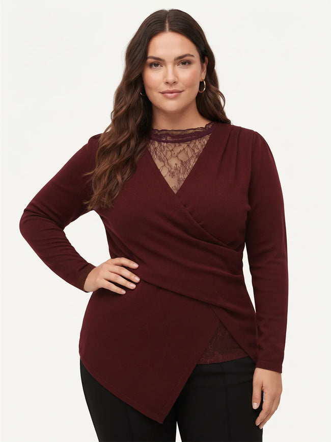 Wrap-Style Top with Sheer Lace Neckline and Asymmetrical Hem