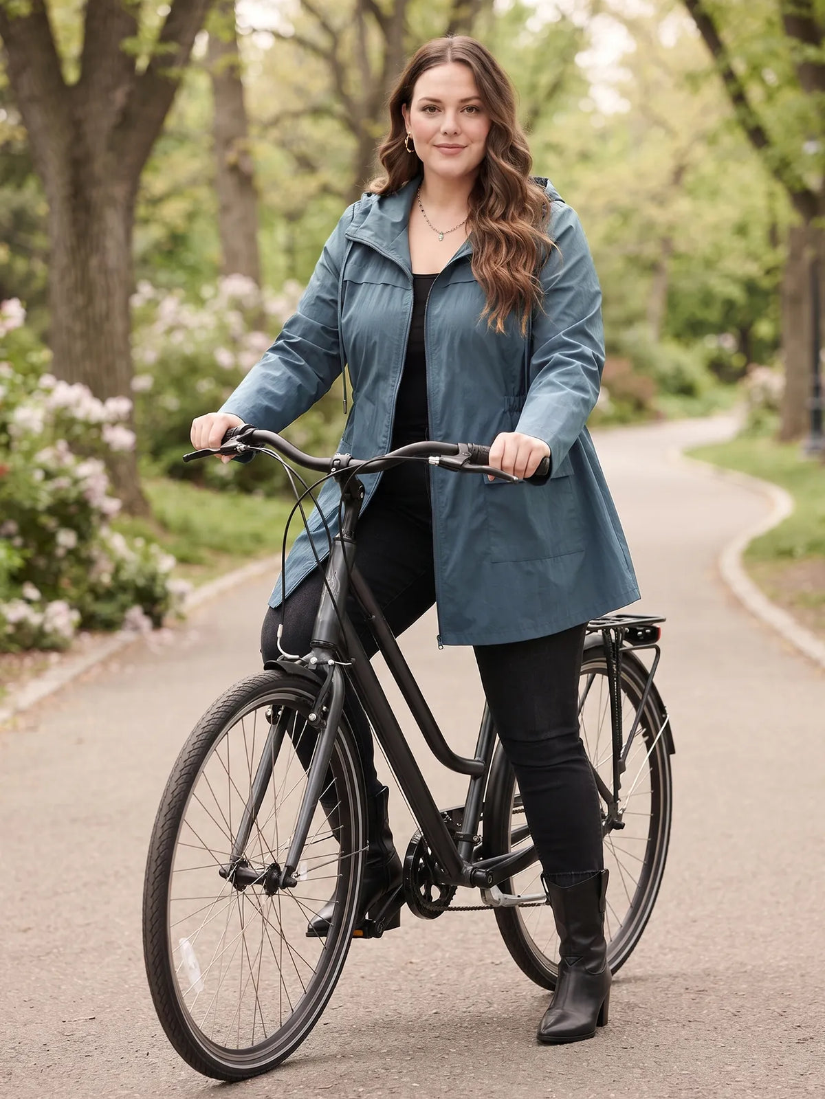 Wasserabweisende Kapuzenjacke in Rauchblau mit Tunnelzug, Styling beim Radfahren