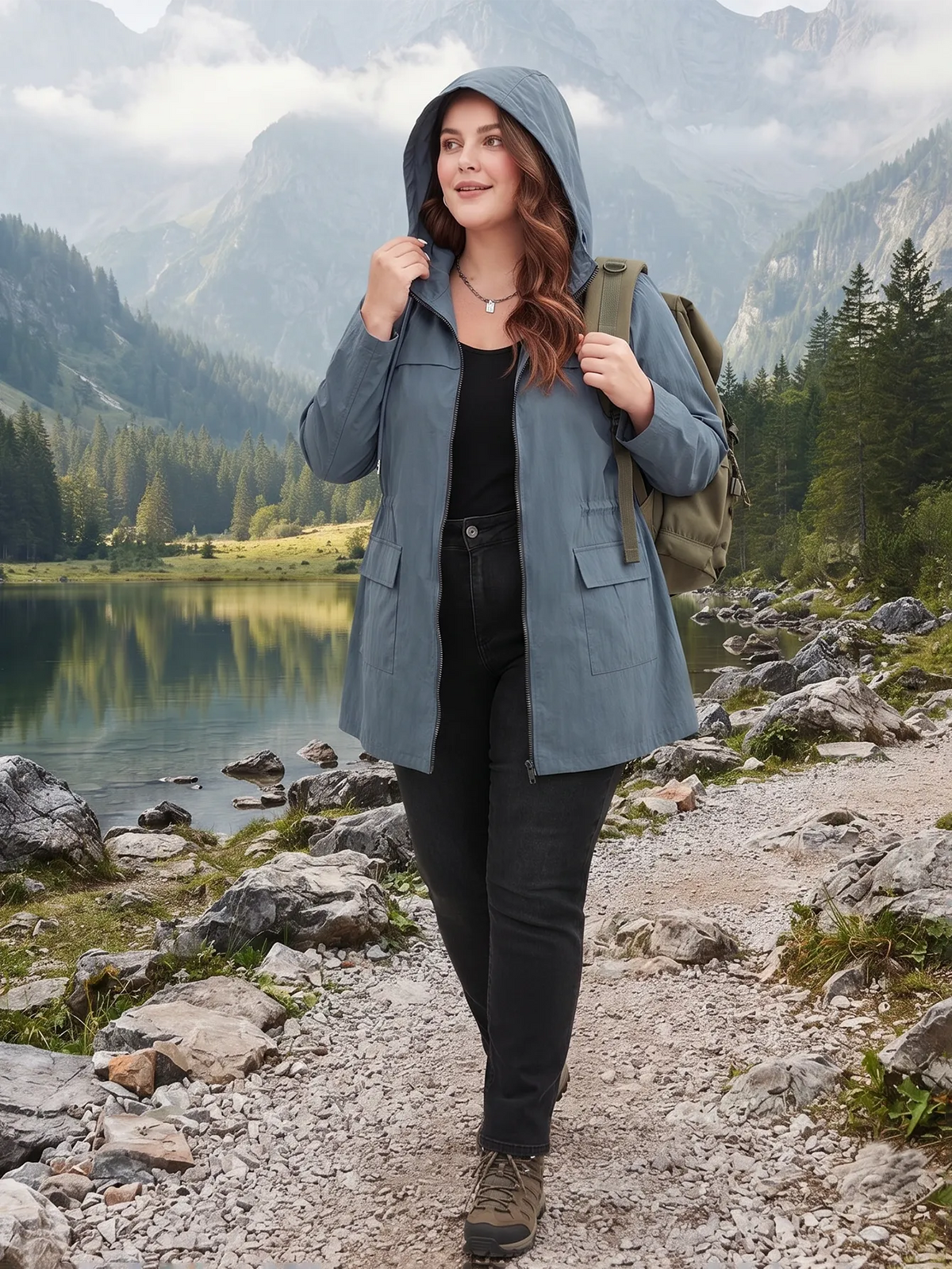 Wasserabweisende Kapuzenjacke in Rauchblau mit Tunnelzug, Outdoor-Styling mit aufgesetzter Kapuze