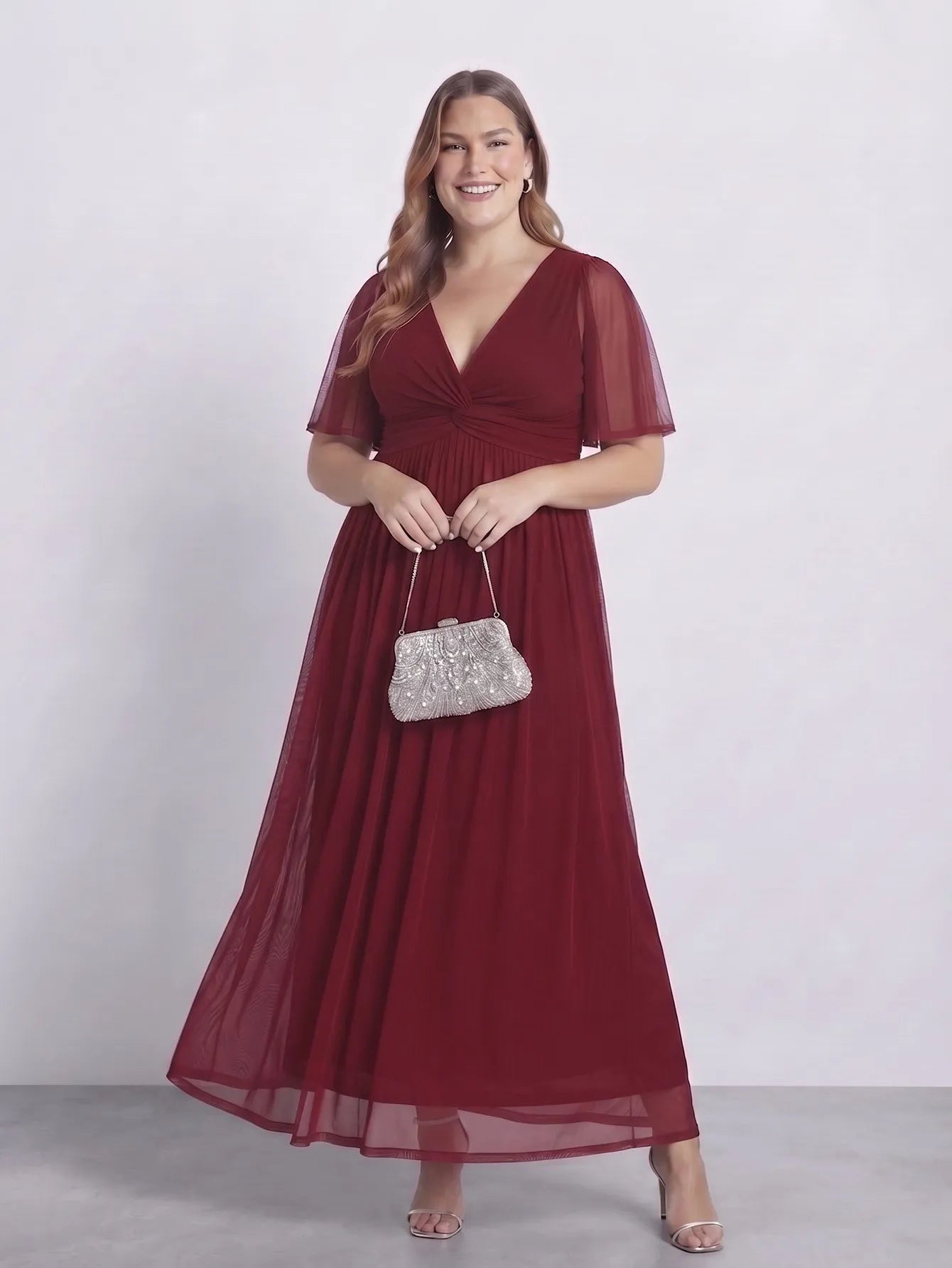 Mesh V-Neck Twist-Front Maxi Dress