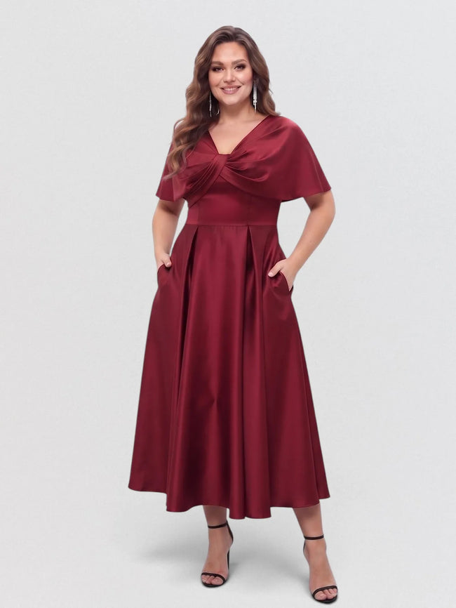 Satin V-Neck Cape-Sleeve Midi Dress with Twist Detail