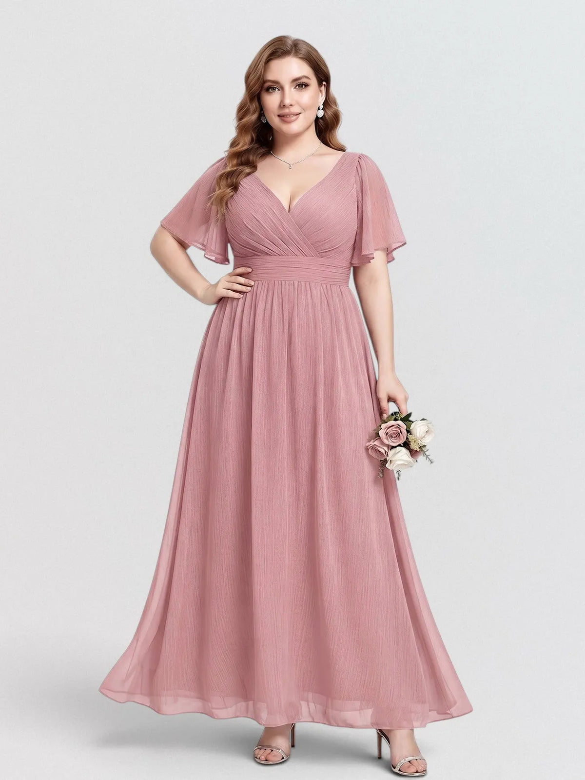 V-Neck Chiffon Maxi Dress with Flutter Sleeves