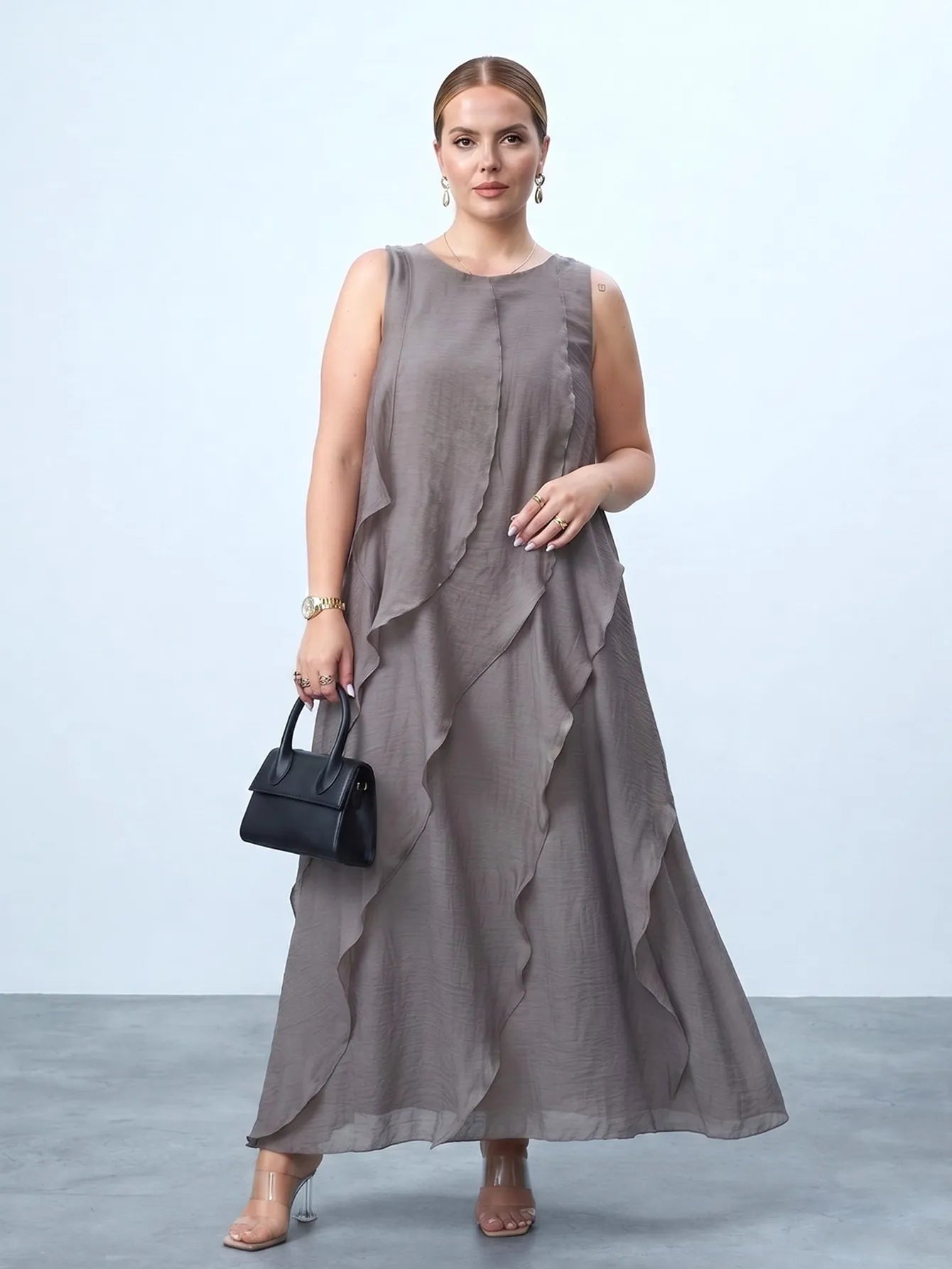 Crew-Neck Ruffled Chiffon Maxi Dress