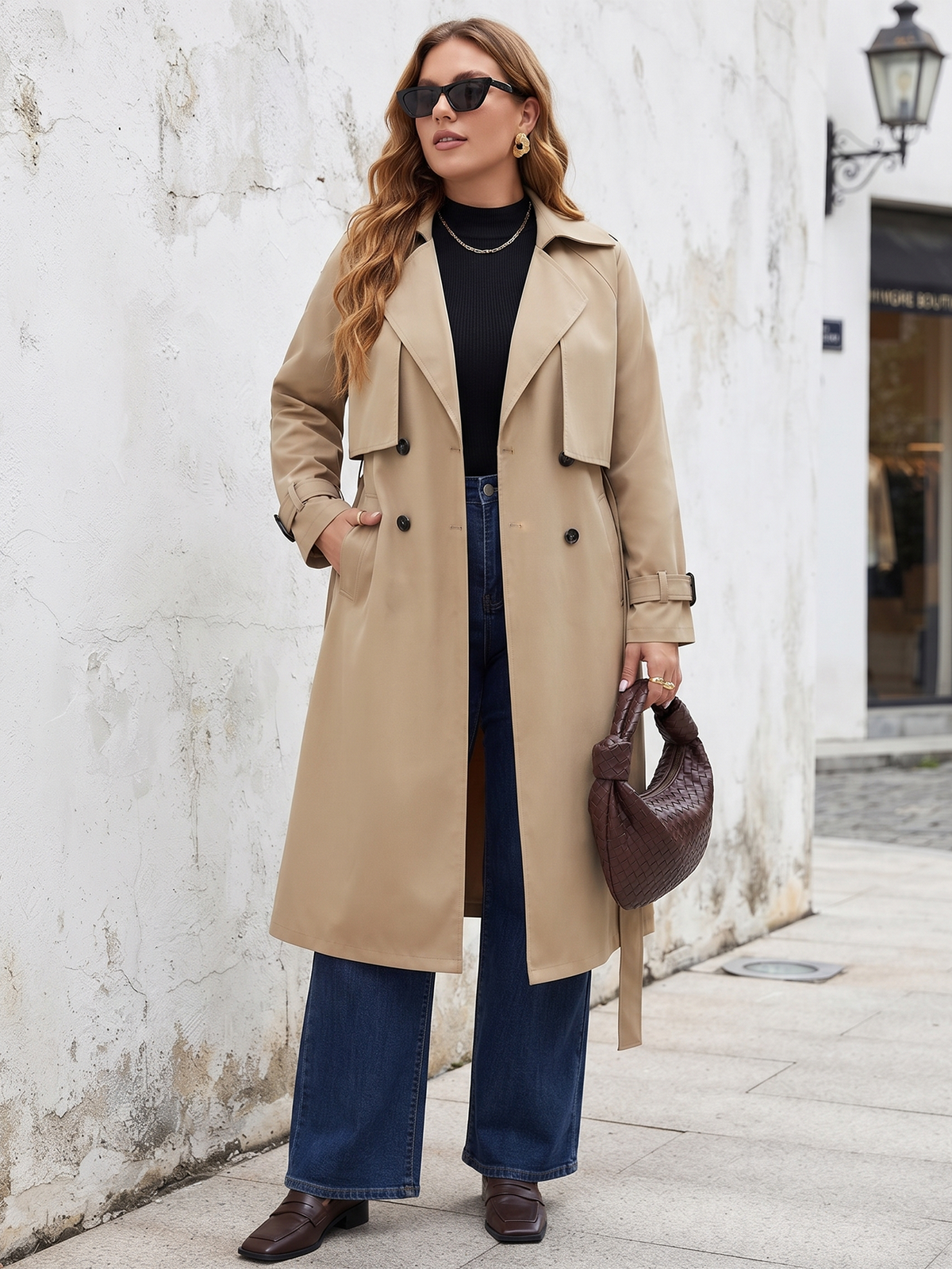 Belted midi trench coat in beige, styled with a handbag.
