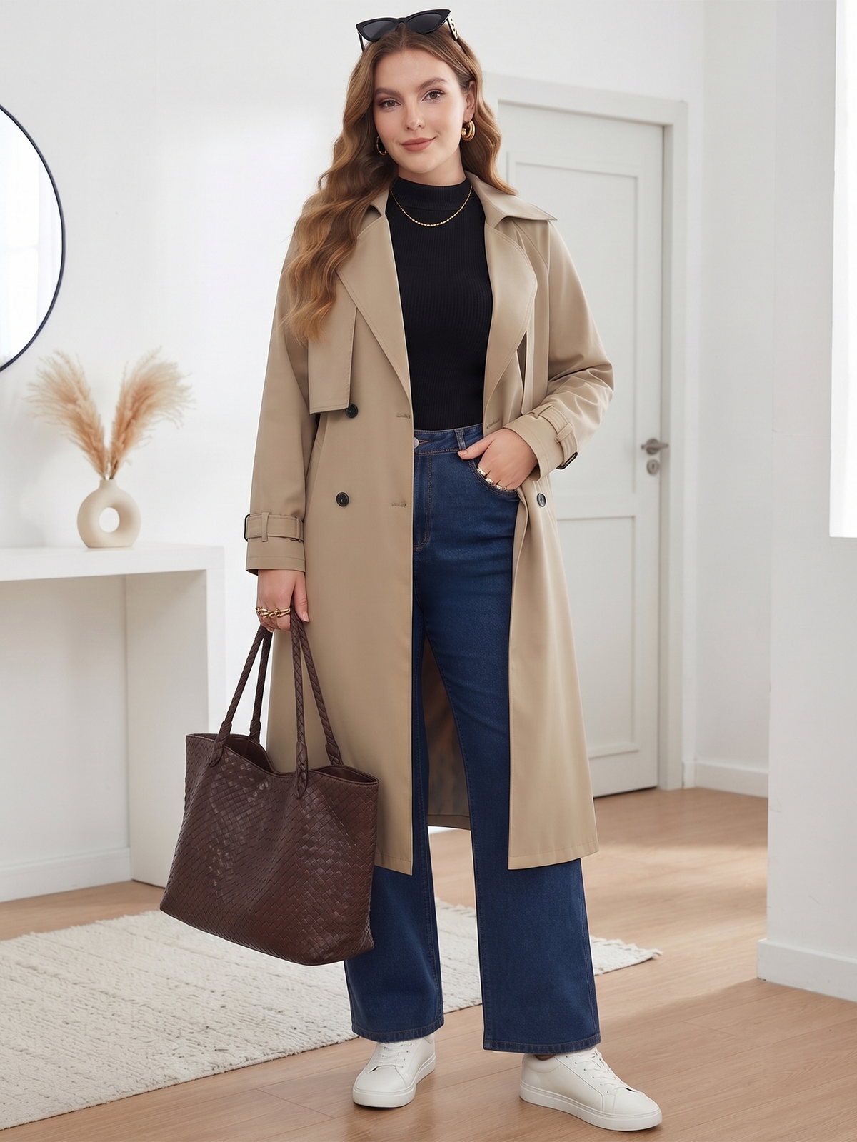 Belted midi trench coat in beige, outfit shown indoors.