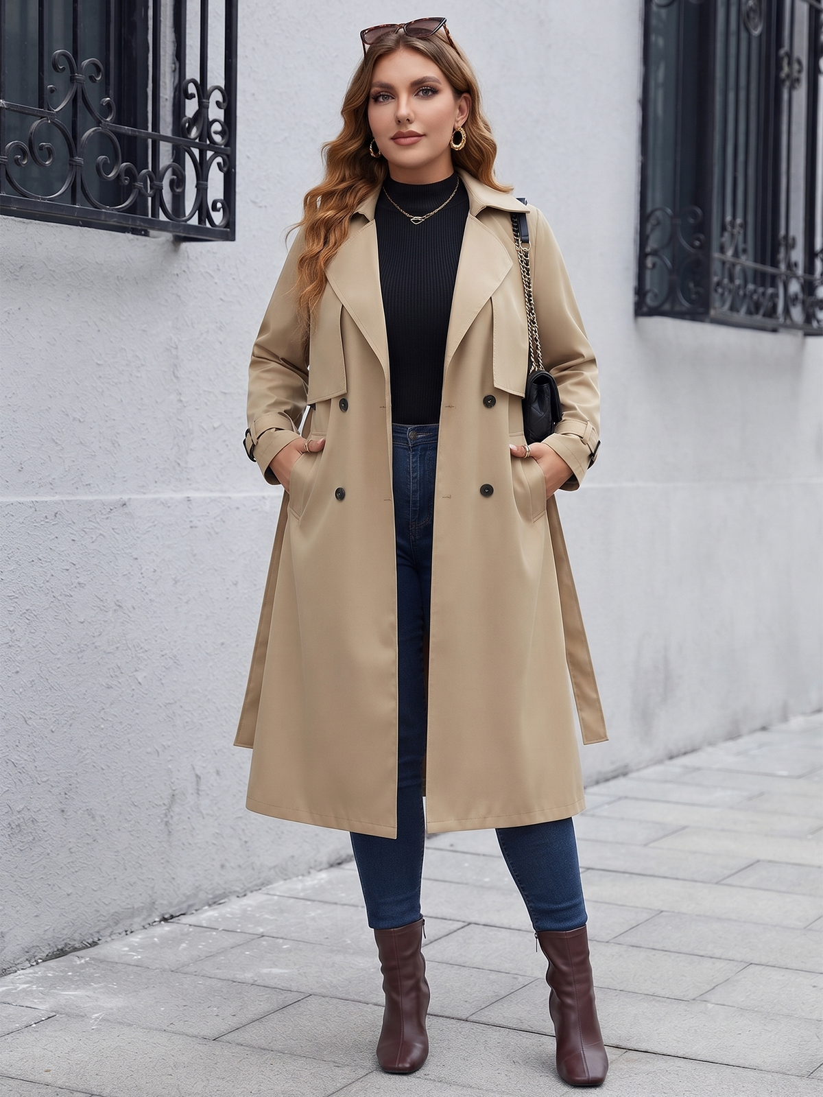 Belted midi trench coat in beige, front view with hands in the pockets.