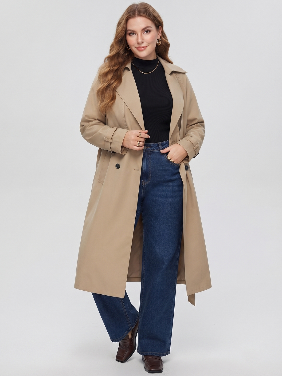 Belted midi trench coat in beige, three-quarter view.