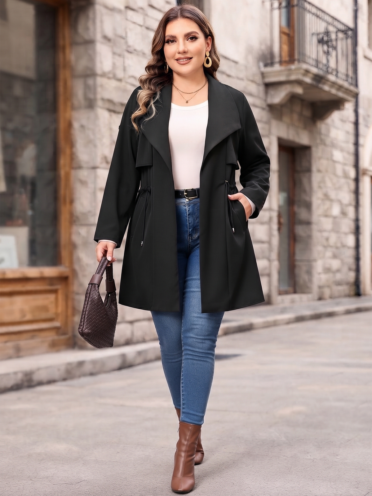 Drawstring-waist trench coat in black, styled with a handbag.