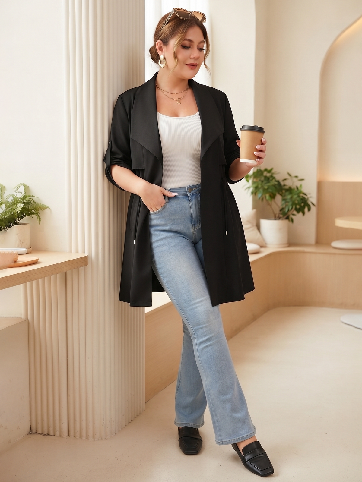 Drawstring-waist trench coat in black, outfit shown indoors.