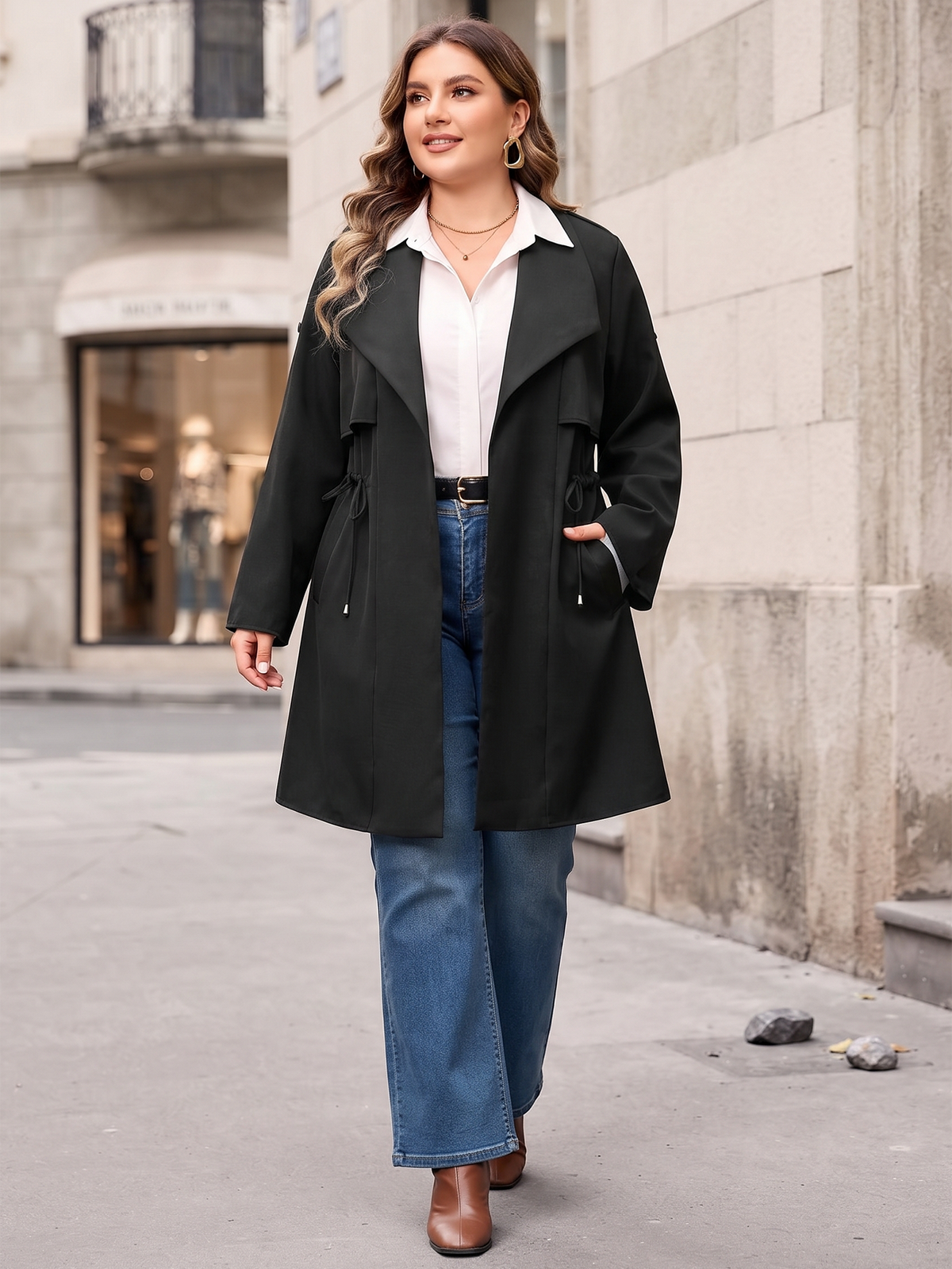 Drawstring-waist trench coat in black, styled with jeans outdoors.