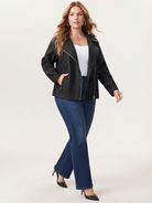 Lace-knit jacket with zip pockets in black, three-quarter view.
