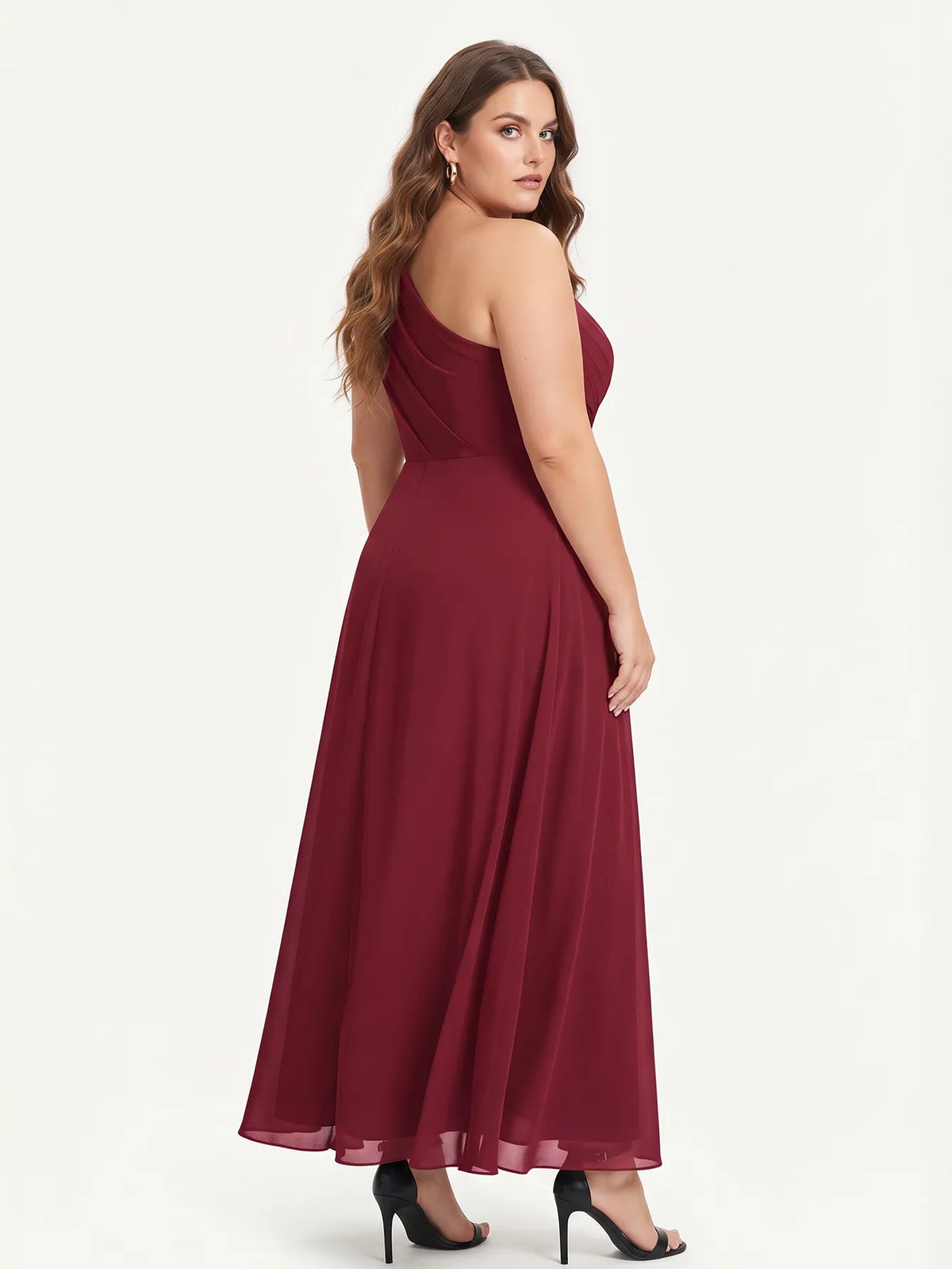 One-shoulder chiffon maxi dress in burgundy, back view.