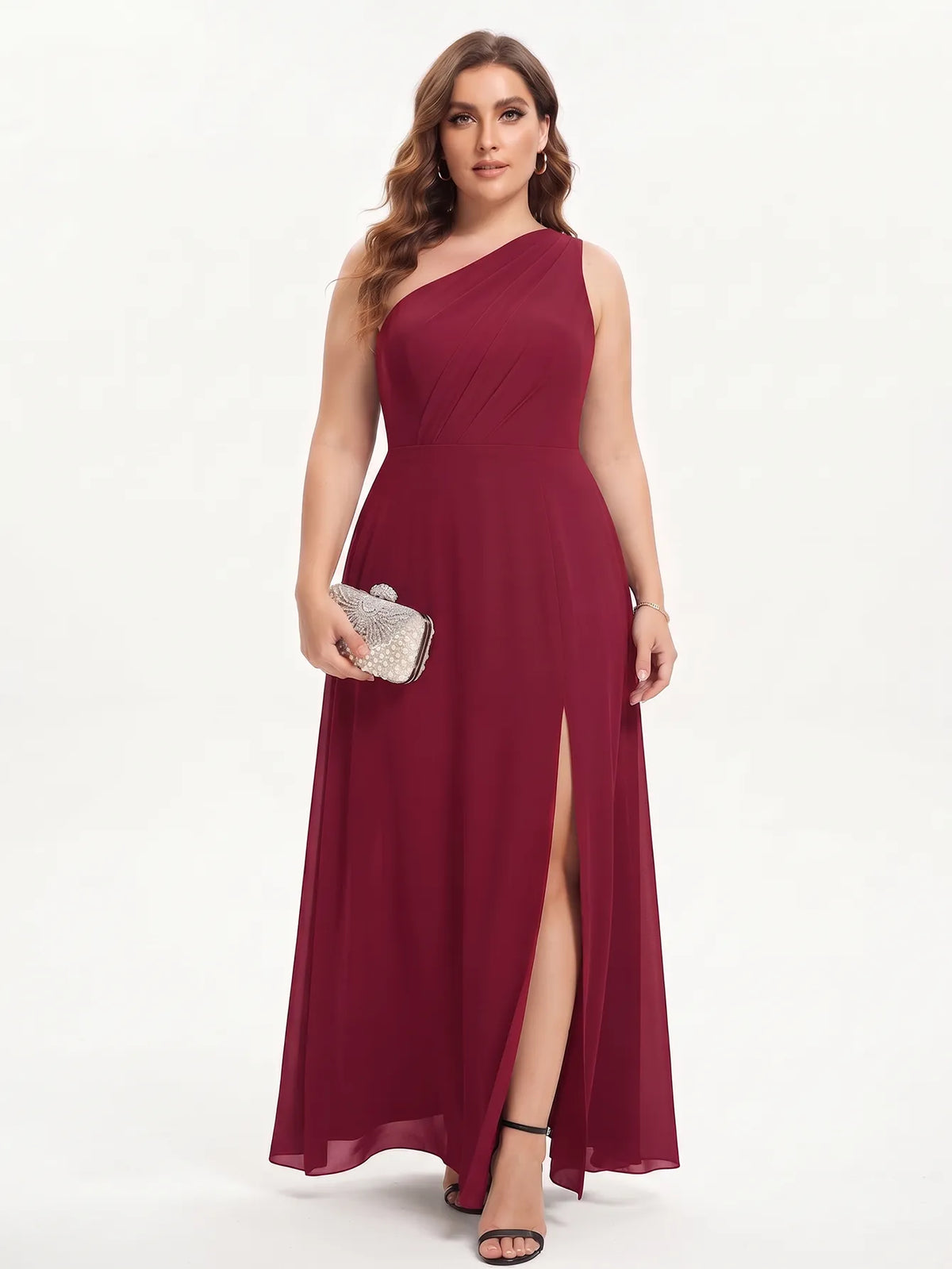 One-shoulder chiffon maxi dress in burgundy, front view.
