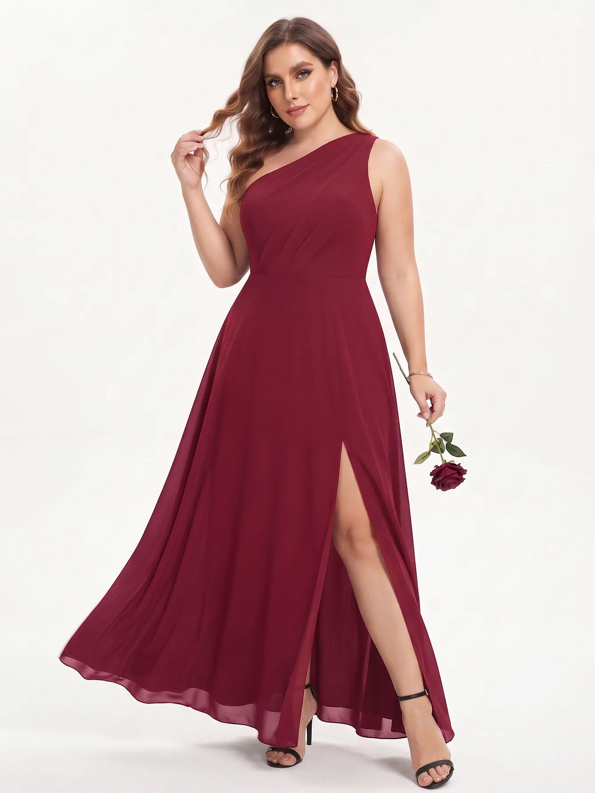 One-shoulder chiffon maxi dress in burgundy, skirt shown in movement.