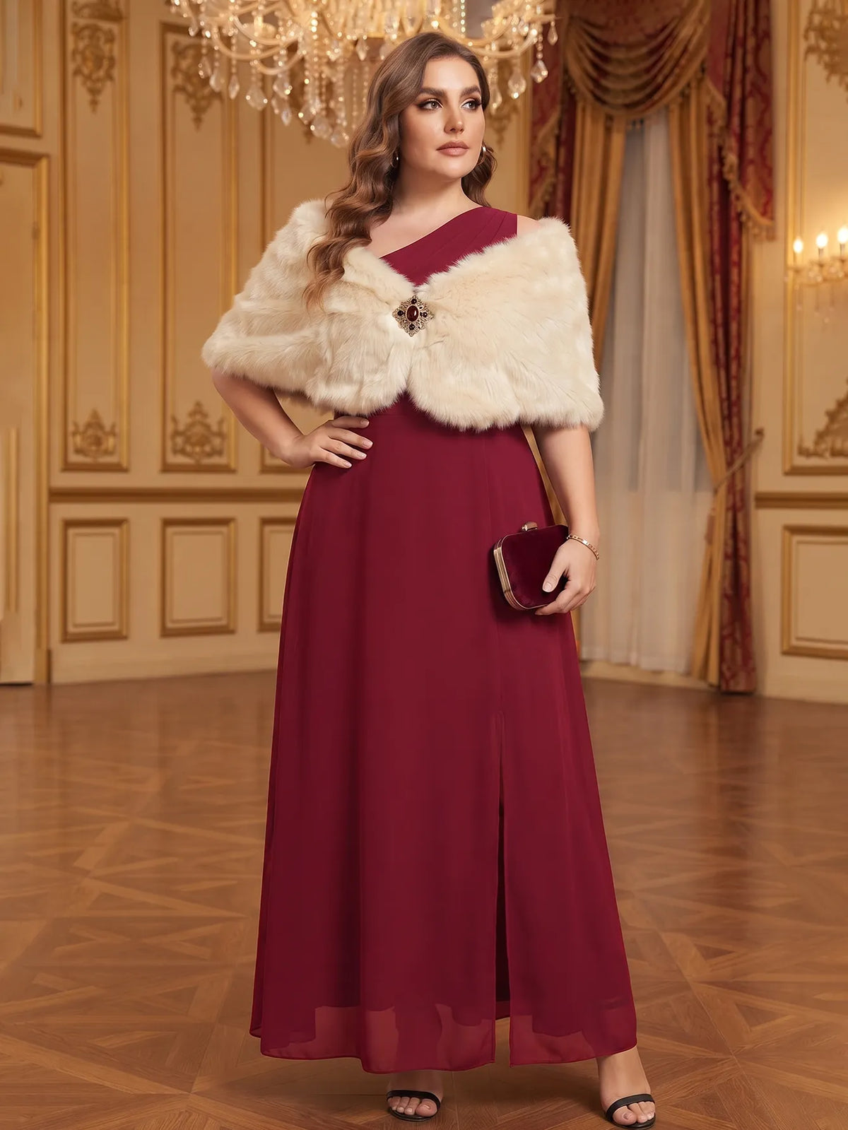 One-shoulder chiffon maxi dress in burgundy, styled with a shawl.