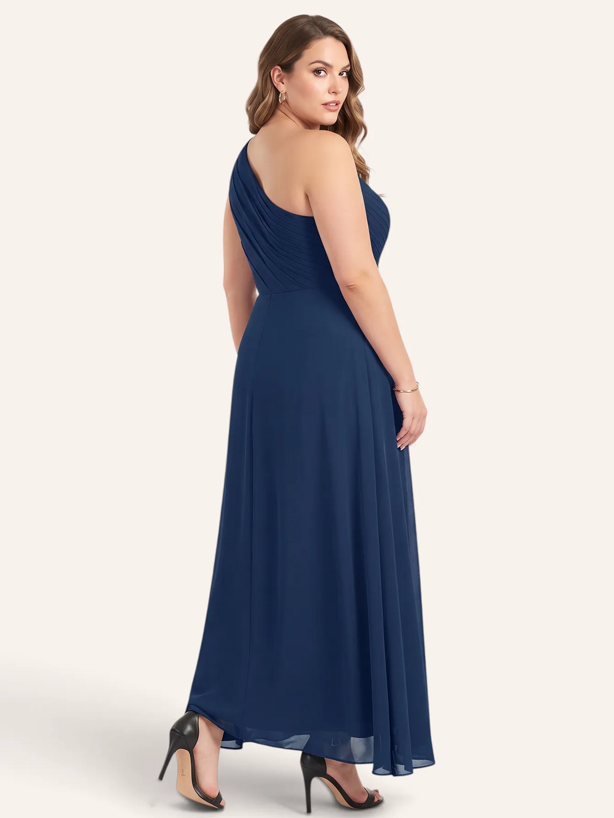 One-shoulder chiffon maxi dress in navy, back view.