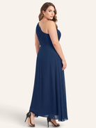 One-shoulder chiffon maxi dress in navy, back view.