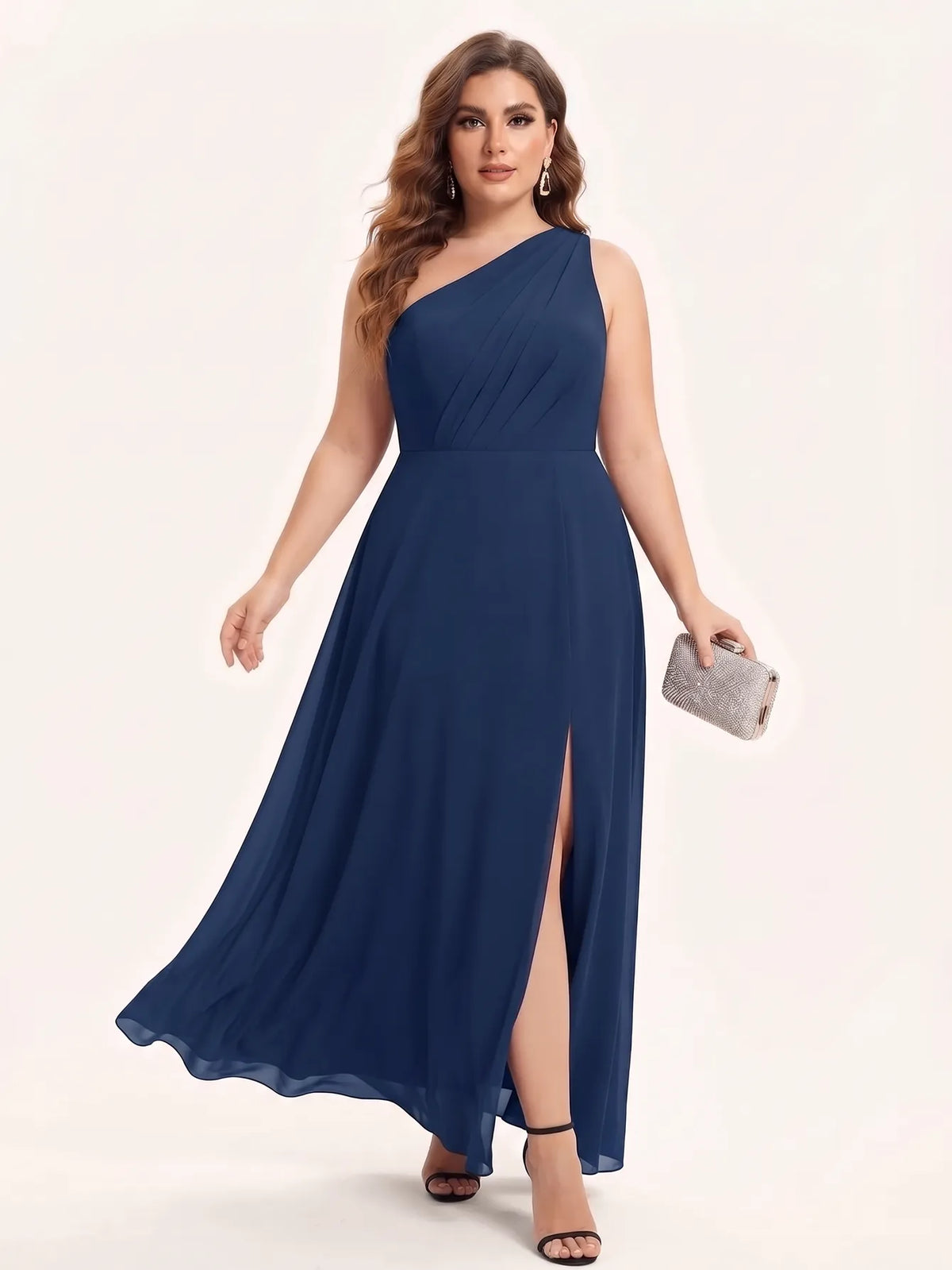 One-shoulder chiffon maxi dress in navy, skirt shown in movement.
