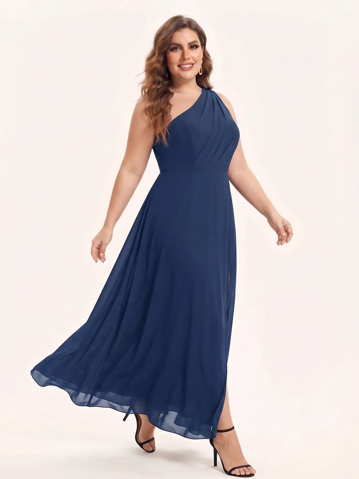 One-shoulder chiffon maxi dress in navy, skirt shown in movement.