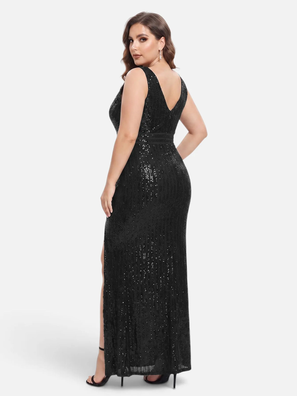 V-neck sequin mesh maxi dress in black, back view.