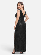 V-neck sequin mesh maxi dress in black, back view.
